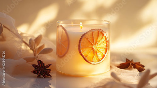 handmade candle with dried orange slices emits gentle glow, creating warm and inviting atmosphere. soft light enhances natural beauty of surrounding decor