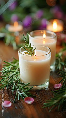 Aromatic candles with fresh rosemary sprigs create calming atmosphere, perfect for relaxation and enhancing ambiance of any space. soft glow of flames adds warmth and tranquility