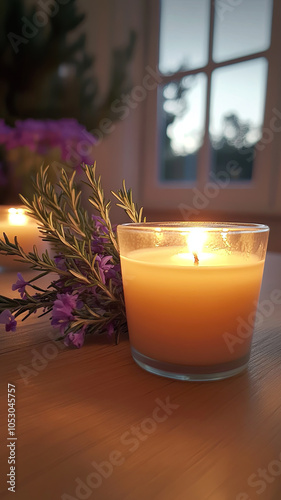 warm candle glows softly beside fresh lavender, creating serene atmosphere. gentle light and floral scent evoke sense of calm and relaxation, perfect for unwinding