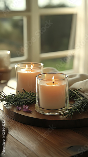 serene setting featuring two lit candles surrounded by fresh herbs and delicate flowers, creating calming atmosphere. warm glow of candles enhances natural beauty of scene