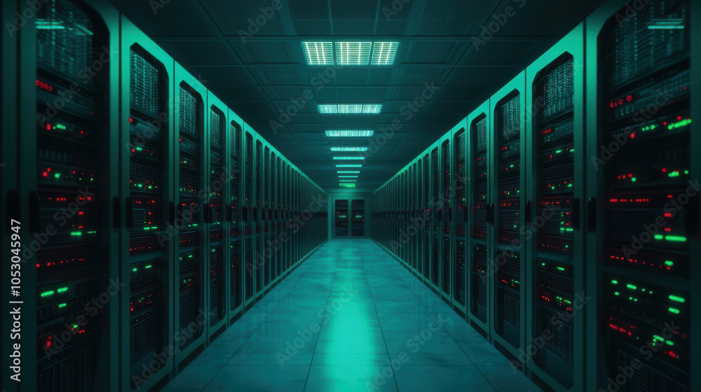 Fototapeta premium Futuristic data center with rows of servers, glowing lights, and a spacious corridor.