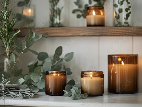 serene modern apothecary style setup featuring elegant candles surrounded by lush greenery. warm glow of candles creates calming atmosphere, perfect for relaxation