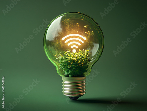  a bright green light bulb containing a light bulb with a glowing green plant leaf and a white wifi signal emanating from its center.