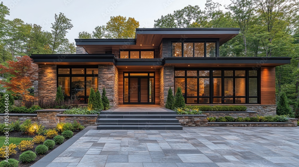 Modern home with stone and wood accents, surrounded by greenery. Modern home with stone and wood accents, surrounded by greenery.