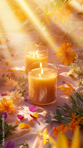vibrant scene featuring floral scented candles surrounded by colorful petals and flowers, creating warm and inviting atmosphere. soft light enhances serene ambiance