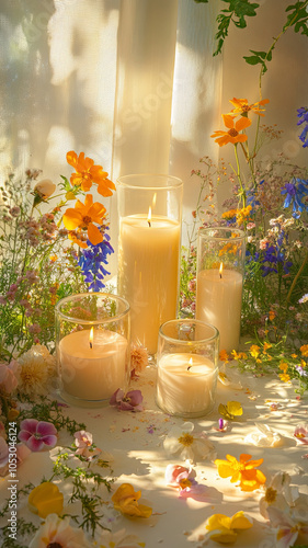 serene arrangement of floral scented candles surrounded by vibrant wildflowers creates calming atmosphere. soft glow of candles enhances beauty of natural setting, inviting relaxation and
