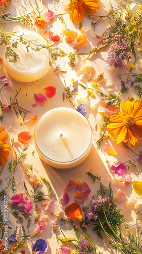 serene arrangement of floral scented candles surrounded by vibrant petals and greenery creates calming atmosphere. soft light enhances natural beauty of scene, inviting relaxation