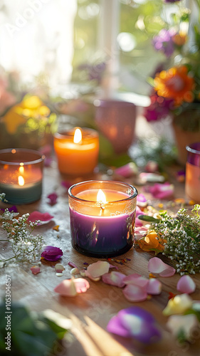 vibrant scene of floral scented candles surrounded by colorful petals and greenery creates warm and inviting atmosphere. soft glow of candles enhances beauty of setting