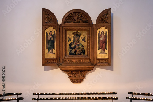 Altarpiece depicting the Virgin Mary, displayed at Bonn Minster (Bonner Münster), a Catholic church in Bonn, Germany. Built between the 11th and 13th centuries, it is one of Germany's oldest churches.