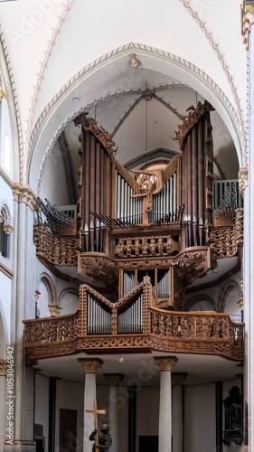 Detail of the organ in Bonn Minster (Bonner Münster), a Catholic church in Bonn, Germany. It is one of the oldest organs in the country.