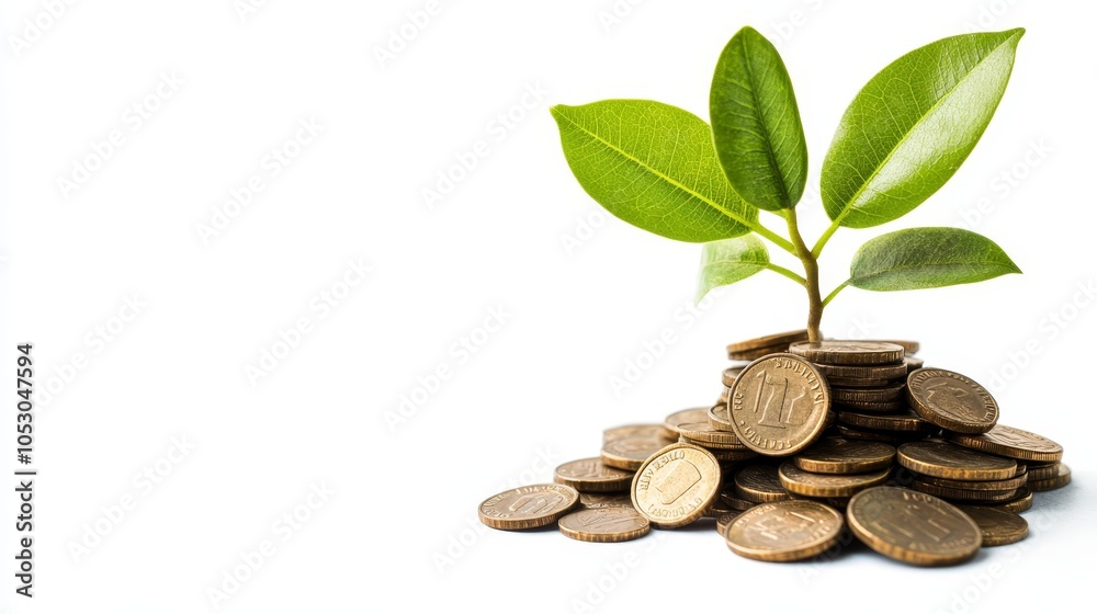 Green Plant Growing From Stack of Coins on White Background Green Plant Growing From Stack of Coins on White Background