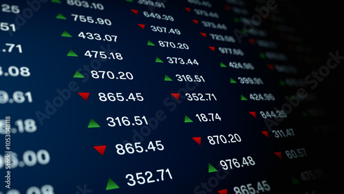 Close-up of a digital stock market ticker showing fluctuating prices with red and green arrows, symbolizing gains and losses in financial trading and investment. 3D Rendering