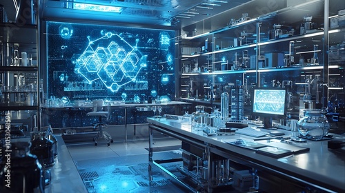 Quantum computing research setup in futuristic lab, geometric, high quality, 3D rendering, DSLR, 16:9