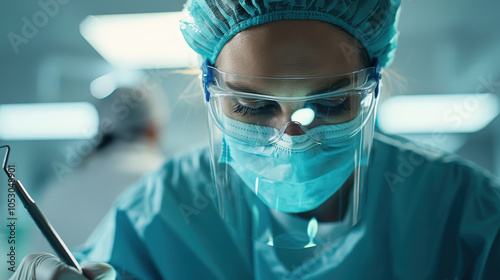 focused dentist wearing protective gear examines dental instruments in clinical setting, showcasing precision and care in dental practice