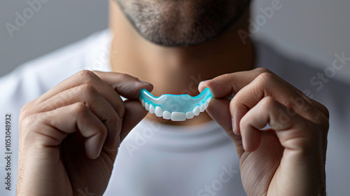 close up of mouthguard being held by person, showcasing its protective design and fit. This highlights importance of dental safety in sports and activities