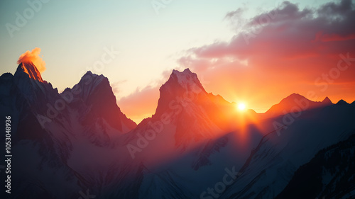 Towering mountains with snowy peaks bathed in the warm light of sunrise, casting long shadows and illuminating the sky with hues of pink, orange, and gold.