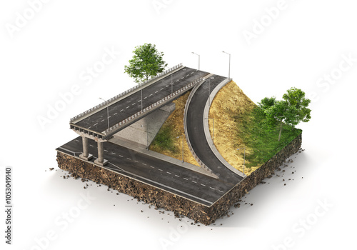 pieces of road. Can see road structure. 3d illustration
