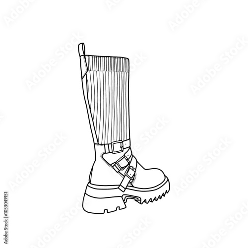 Women's knee high boots chunky block heel round toe tall boots with buckles line art. Technical sketch hand-drawing outline vector doodle illustration side view. Isolated on a white background