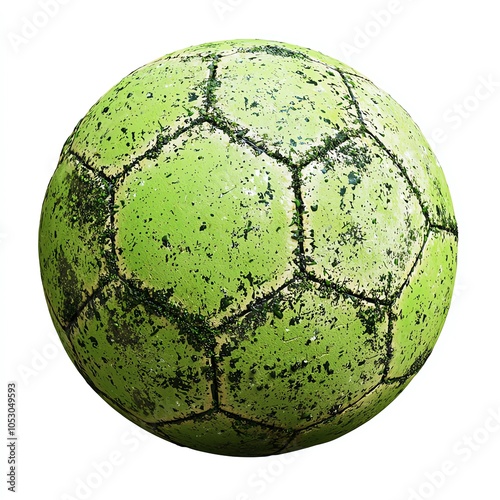 Worn-out green soccer ball with hexagonal patterns on a white isolated background. photo