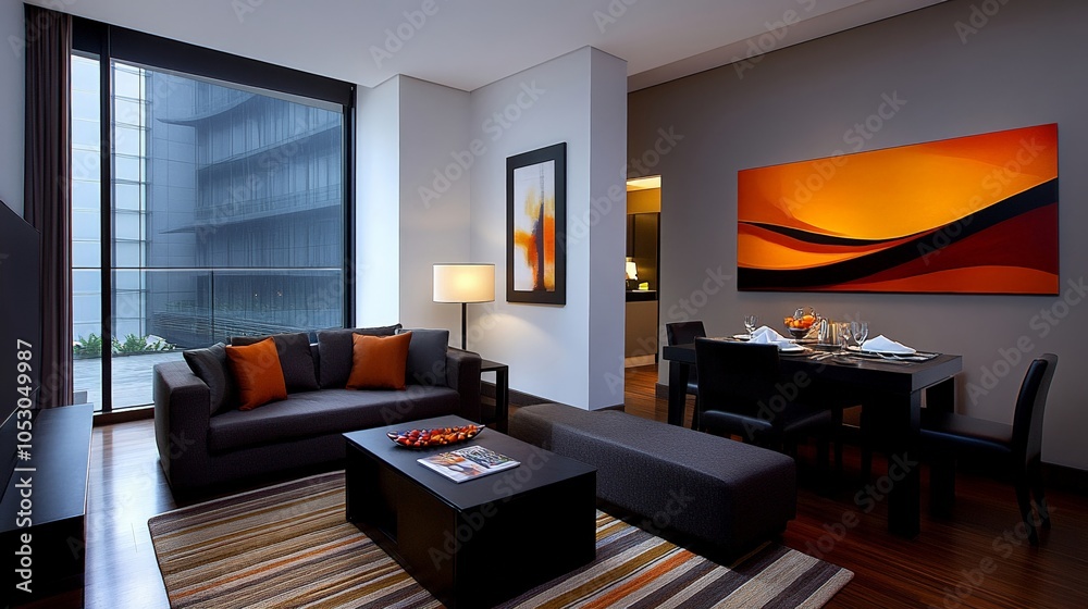 Modern Apartment Living: A stylish and spacious living room with a comfortable sofa, a large TV, and a stunning abstract painting on the wall. The large window offers views of a bustling city. Modern Apartment Living: A stylish and spacious living room with a comfortable sofa, a large TV, and a stunning abstract painting on the wall. The large window offers views of a bustling city.