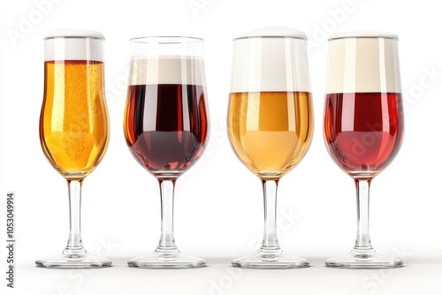 Four glasses with different beers on a white background. The file contains a path to cut.