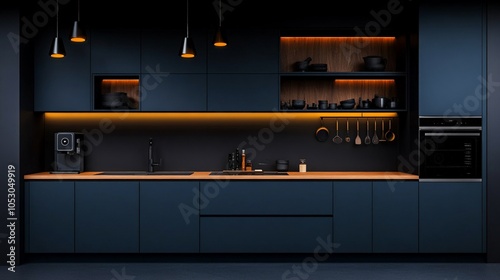 Modern Dark Kitchen Design: Sleek and sophisticated navy blue cabinetry, warm wood accents, and ambient lighting create a dramatic and inviting kitchen space. 