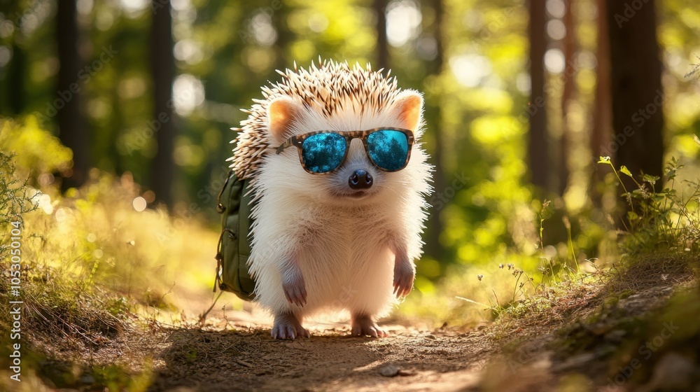 Obraz premium Playful hedgehog with shades and a tiny backpack, happily strolling in a sunlit forest