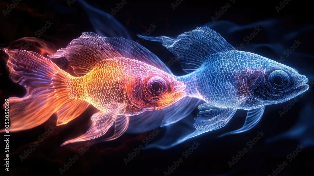 Two glowing goldfish swim through smoky water. Two glowing goldfish swim through smoky water.