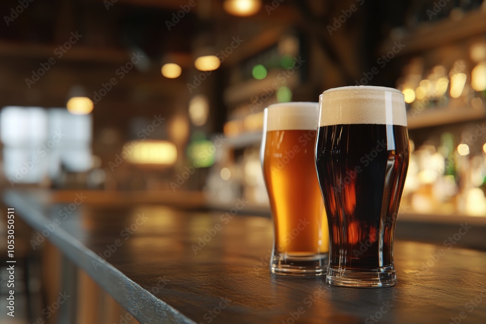 Glasses of light and dark beer on a pub counter. Beer background. Glasses of light and dark beer on a pub counter. Beer background.