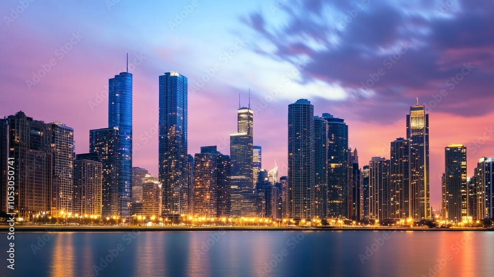 Fototapeta premium A city skyline at dusk, illuminated with vibrant lights.