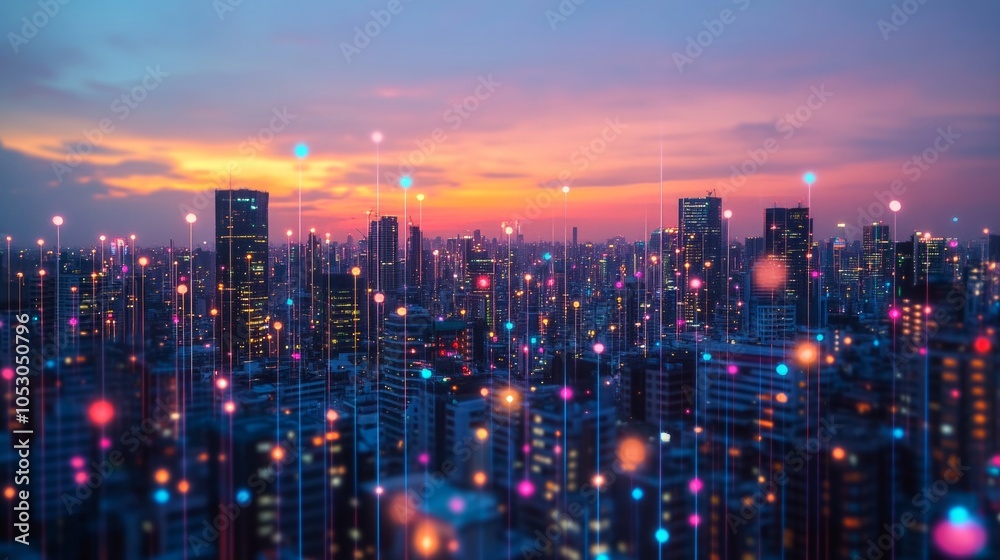 Obraz premium A city skyline at dusk, illuminated with vibrant lights.