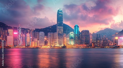 A city skyline at dusk, illuminated with vibrant lights.