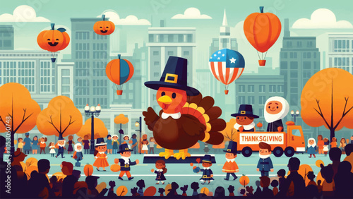 A lively Thanksgiving parade in a city with large balloons shaped like turkeys, pumpkins, and pilgrims. Floats with simple, flat-style characters in costumes move along the street 1