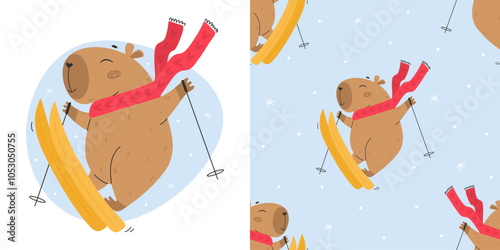 Skiing funny capybara character seamless pattern