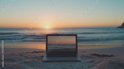 Laptop in beach setting for remote file access, digital nomad, high quality, DSLR, realistic photo, 16:9 photo