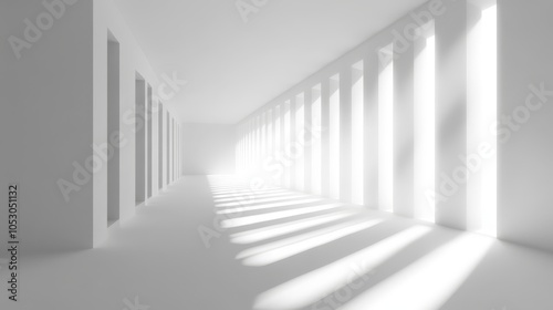 Modern White Corridor with Light Streaks and Columns