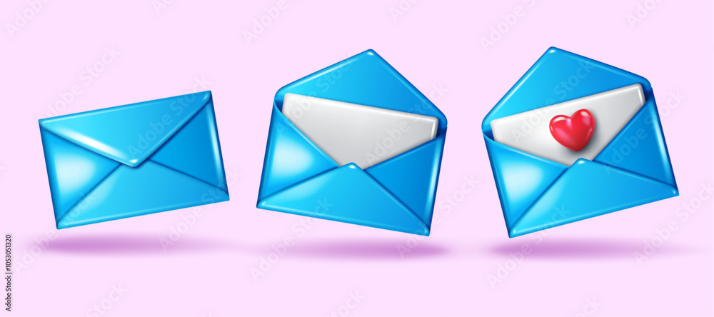 realistic 3D shiny blue envelopes isolated on light pink background.closed and open letter with heart and envelopes vector illustration. realistic 3D shiny blue envelopes isolated on light pink background.closed and open letter with heart and envelopes vector illustration.