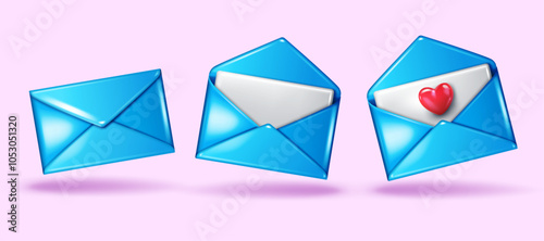 realistic 3D shiny blue envelopes  isolated on light pink background.closed and open letter with heart and envelopes vector illustration.