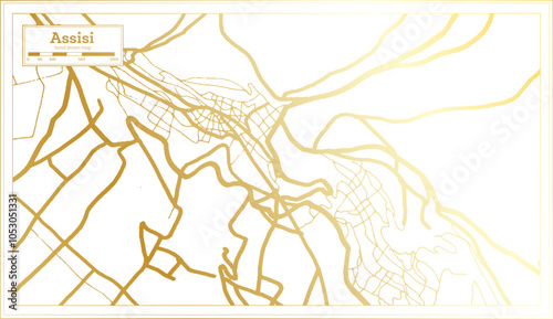 Assisi Italy City Map in golden Colors in Retro Style. Outline Map.