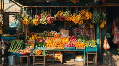 A colorful market stall filled with fresh fruits and vegetables.
