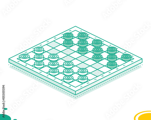 Isometric checkers game. Strategy board game. Draughts. Outline objects.