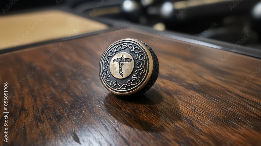 A close-up of an ornate button resting on a wooden surface, showcasing intricate details and classic design. A close-up of an ornate button resting on a wooden surface, showcasing intricate details and classic design.