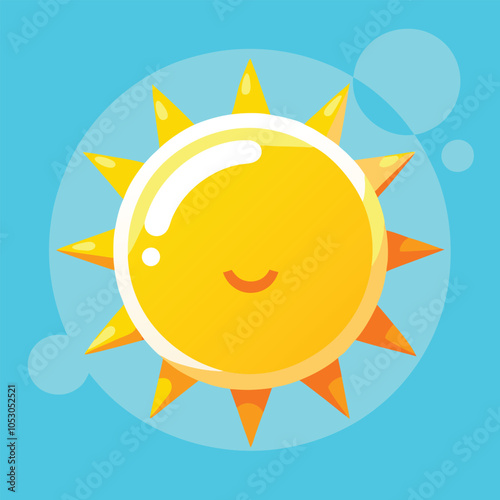 Smiling sun with a happy face shines brightly in the sky.