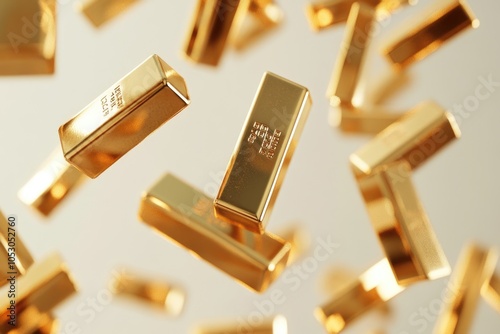 Many gold bars falling on white background photo