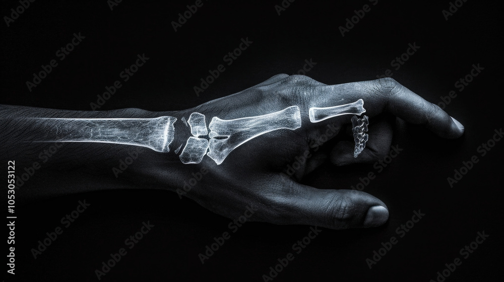Obraz premium detailed X ray image of human hand showcasing skeletal structure, highlighting bones and joints. This visual representation is essential for understanding bone health and injuries