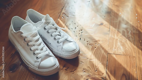 A pair of white sneakers on a wooden floor with a sunbeam coming through a window. photo