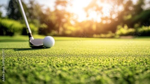 A close-up view of a golf club ready to strike a golf ball on a lush green course under a warm, glowing sunlight.