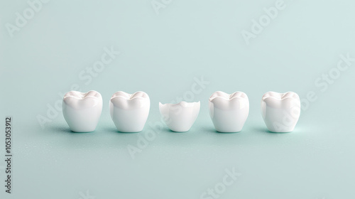 collection of white ceramic teeth models displayed on soft green background, showcasing various shapes and broken piece. This highlights dental aesthetics and care