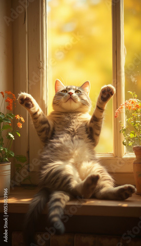 Playful Tabby Kitten Sitting by Window with Curious Expression photo