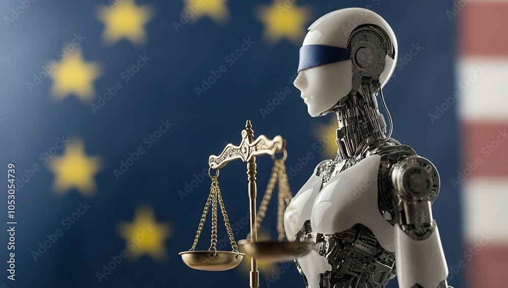 A white robotic figure with a blindfold holds a scale of justice in front of blurred European and American flags, representing the future of law and technology. A white robotic figure with a blindfold holds a scale of justice in front of blurred European and American flags, representing the future of law and technology.